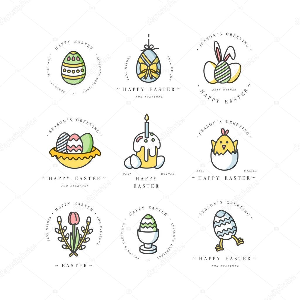 Vector linear colorful design Easter greetings elements. Set of typography ang icon for Happy Easter cards, banners or posters and other printables. Spring holidays design elements