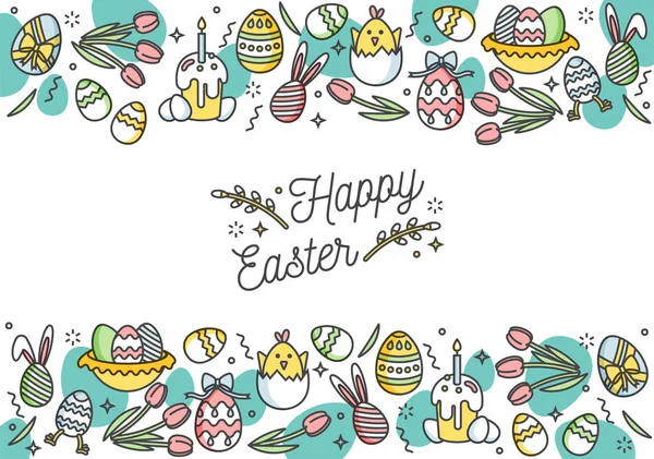 Paskalya yumurta kompozisyon. Beyaz arka plan üzerinde renkli doğrusal simgeler. Süs yumurtadan dekoratif yatay şerit. Mutlu Paskalya tebrik kartı. — Stok Vektör
