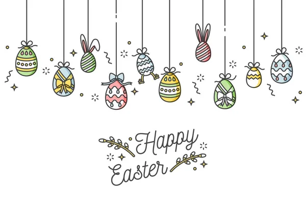 Oeufs de Pâques composition. Icônes linéaires colorées sur fond blanc. Oeufs décoratifs de Pâques suspendus. Bonne carte de vœux de Pâques . — Image vectorielle