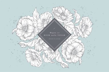 Vintage kartı peonies çiçekli. Çiçek çelenk. Çiçek çerçeve etiket tasarımları ile flowershop için. Yaz çiçek peonies tebrik kartı. Çiçekler arka plan kozmetik ambalaj için.