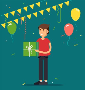 Vektör çizim çocuklar parti. Komik kız karakteri ile parti şapkası tack hediye kutuları, konfeti, balonlar tutmak. Mutlu doğum günü kutluyor.