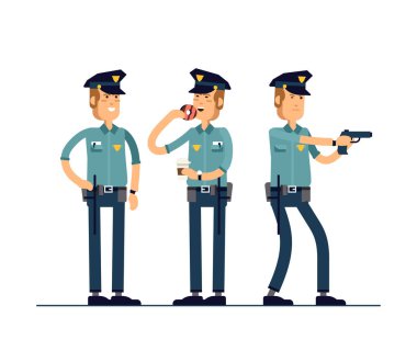 Vektör çizim erkek polis karakter kümesi. Üniformalı bir polis farklı teşkil etmektedir duruyor. Beyaz arka plan üzerinde izole kamu güvenliği memuru karakterler.