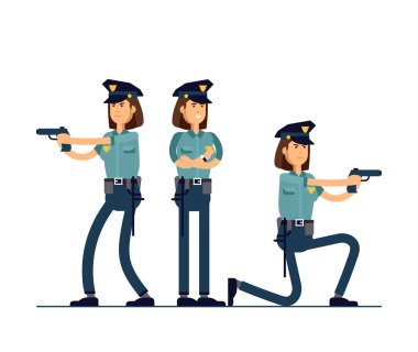 Vektör çizim kadın polis karakter kümesi. Üniformalı bir polis farklı teşkil etmektedir duruyor. Beyaz arka plan üzerinde izole kamu güvenliği memuru karakter kavramı.
