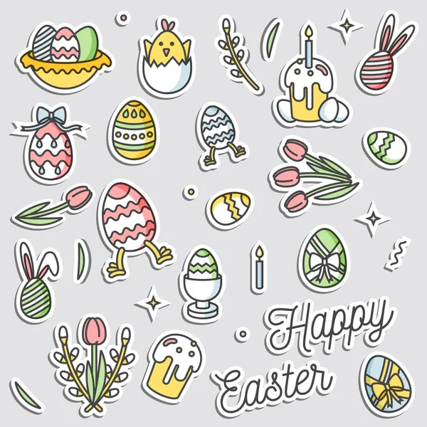 Mutlu Paskalya ikonlu renkli vektör yaması rozetleri. Vektör doğrusal tasarımı Paskalya kutlamaları elementleri. Bahar tatili için vektör çıkartmaları, broşlar. — Stok Vektör