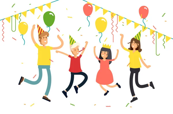 Ilustração vetorial de festa de família em um fundo branco. Personagem de crianças engraçadas com pais pulando com chapéus de festa, confete, balões. Festa comemorativa . —  Vetores de Stock