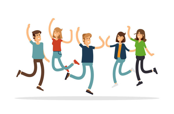 Vector illustration of happy young group of people jumping on a white background. The concept of friendship, emotions success.