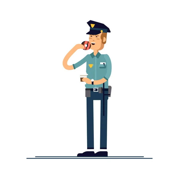 Vectorillustratie instellen mannelijke politieagent karakter. Een politieman in uniform is permanent en het eten van een donut. Openbare veiligheid officier tekens geïsoleerd op witte achtergrond. — Stockvector