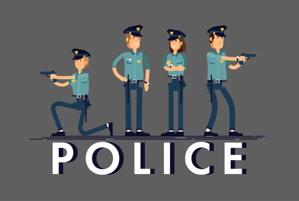 Vectorillustratie instellen mannelijke en vrouwelijke politieagent karakter. Een politieman in uniform staat in verschillende poses. Openbare veiligheid officier tekens concept geïsoleerd op witte achtergrond. — Stockvector