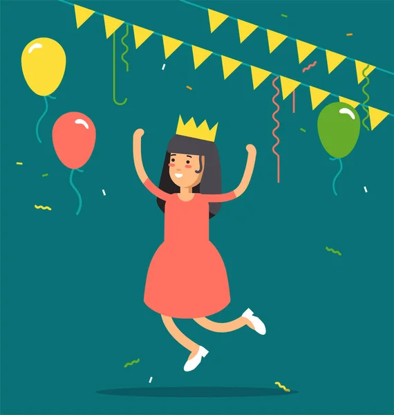 Illustrazione vettoriale della festa dei bambini. Personaggio divertente ragazza che salta con cappelli da festa, coriandoli, palloncini. Buon compleanno festa celebrativa . — Vettoriale Stock