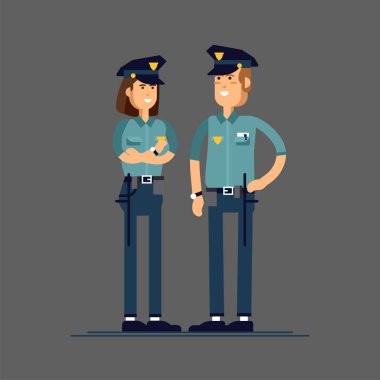Vektör çizim kadın ve erkek polis karakter kümesi. Üniformalı bir polis farklı teşkil etmektedir duruyor. Beyaz arka plan üzerinde izole kamu güvenliği memuru karakter kavramı.