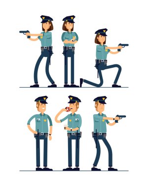 Vektör çizim kadın ve erkek polis karakter kümesi. Üniformalı bir polis farklı teşkil etmektedir duruyor. Beyaz arka plan üzerinde izole kamu güvenliği memuru karakterler.