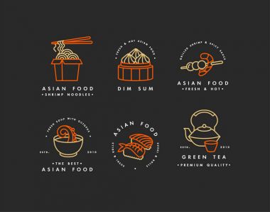 Vektör logo tasarım şablonları ve Amblemler ya da rozetleri kümesidir. Asya gıda - erişte, dim sum, çorba, suşi. Doğrusal logolar, altın ve kırmızı.