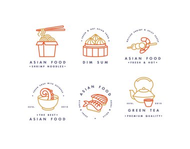 Vektör logo tasarım şablonları ve Amblemler ya da rozetleri kümesidir. Asya gıda - erişte, dim sum, çorba, suşi. Doğrusal logolar.