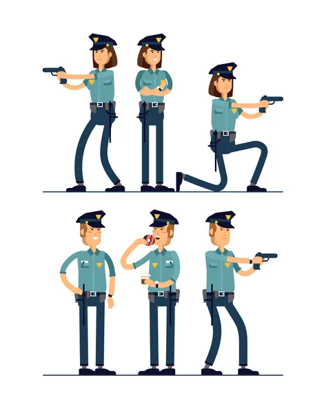 A ilustração vetorial definiu o personagem de policial feminino e masculino. Um polícia de uniforme está em poses diferentes. Personagens oficiais de segurança pública isolados em fundo branco . — Vetor de Stock