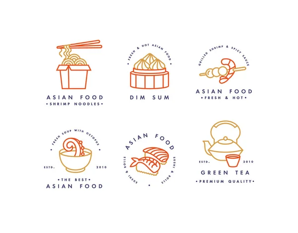 Vektör logo tasarım şablonları ve Amblemler ya da rozetleri kümesidir. Asya gıda - erişte, dim sum, çorba, suşi. Doğrusal logolar.