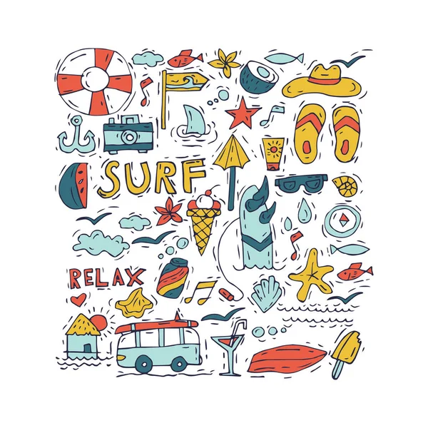 Ensemble d'icônes dessinées à la main collection de surf et vacances d'été pour votre design. Tourisme et vacances thème . — Image vectorielle