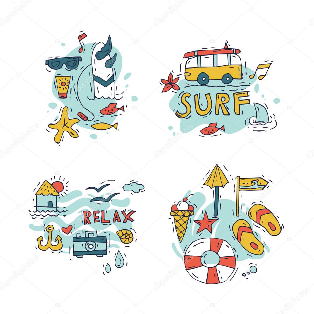 Hand draw icon set surfing collection and summer holiday for your design. Tourism and vacation theme