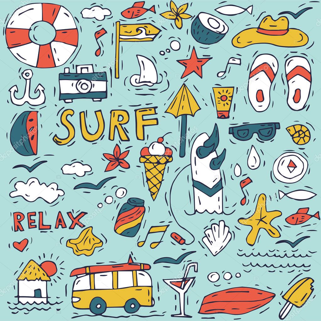 Hand draw icon set surfing collection and summer holiday for your design. Tourism and vacation theme