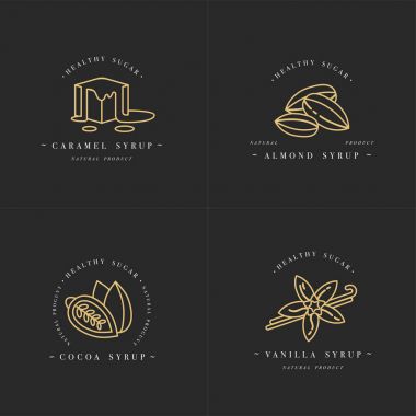 Vektör tasarım altın şablonları logo ve Amblemler - şuruplar ve soslar-karamel, badem, kakao, vanilya ayarlayın. Gıda simgesi. Beyaz arka plan üzerinde izole trendy lineer tarzda logolar.