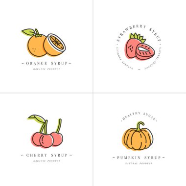 Vector set design colorful templates logo and emblems - syrups and toppings-orange, cherry, strawberry and pumpkin. Food icon. Logos in trendy linear style isolated on white background. clipart