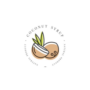Ambalaj tasarım şablonu logo ve amblem - şurubu ve tepesi - Hindistan cevizi. Trendy lineer tarzda logosu.