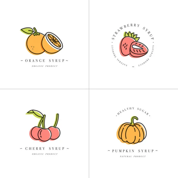 Diseño de conjuntos vectoriales plantillas coloridas logotipo y emblemas jarabes y coberturas-naranja, cereza, fresa y calabaza. Icono de comida. Logotipos en estilo lineal de moda aislados sobre fondo blanco . — Vector de stock