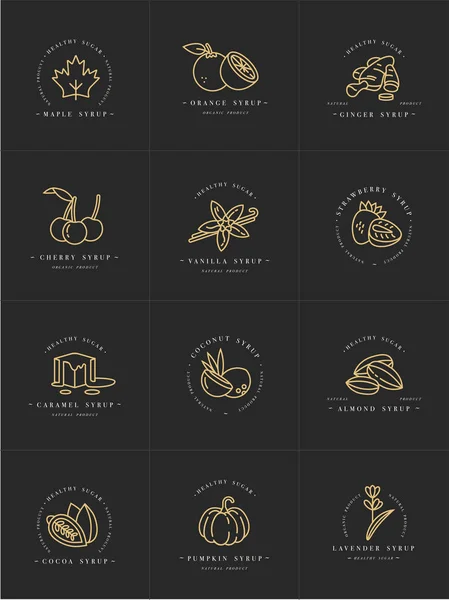 Logo et emblèmes - sirops et garnitures de motifs vectoriels dorés. icône de la nourriture. Logos dans un style linéaire tendance isolé sur fond blanc . — Image vectorielle