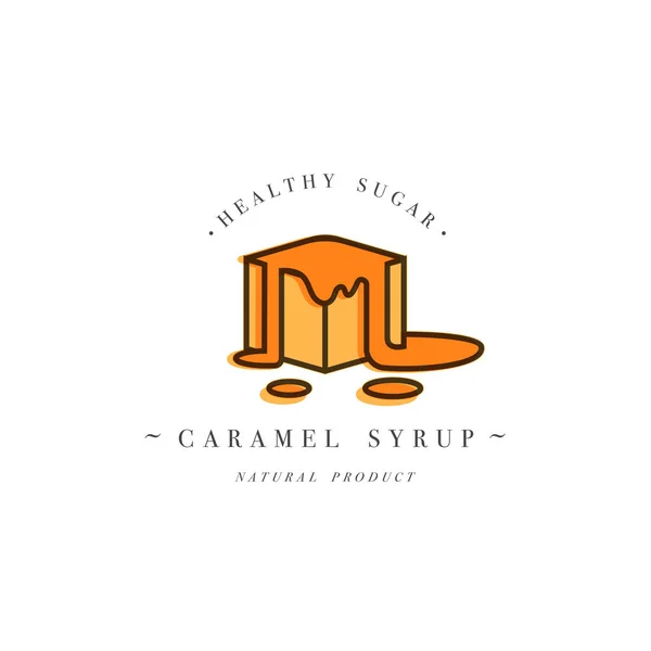 Modèle de conception d'emballage logo et emblème - sirop et garniture - morceau de caramel doux. Logo dans un style linéaire tendance . — Image vectorielle