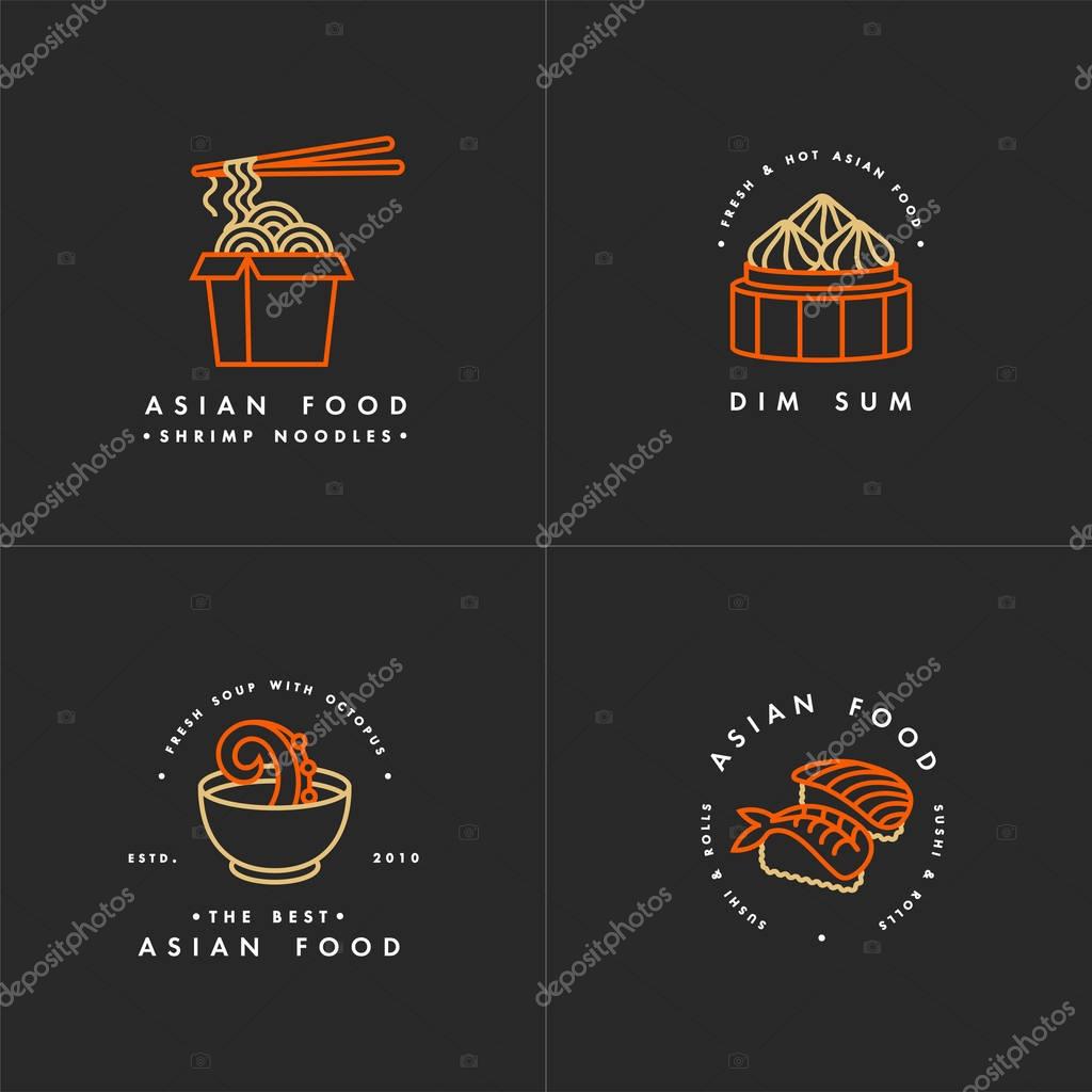 Vector set of logo design templates and emblems or badges. Asian food - noodles, dim sum, soup, sushi. Linear logos, golden and red