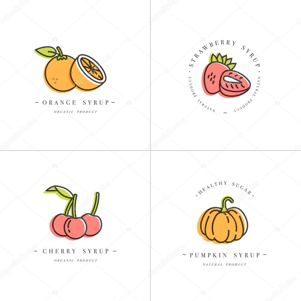 Vector set design colorful templates logo and emblems - syrups and toppings-orange, cherry, strawberry and pumpkin. Food icon. Logos in trendy linear style isolated on white background.