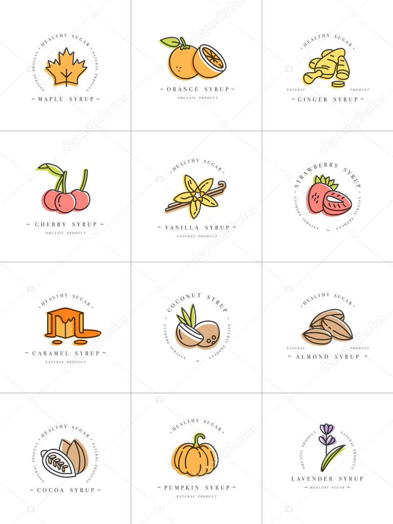 Vector set design colorful templates logo and emblems - syrups and toppings. Food icon. Logos in trendy linear style isolated on white background