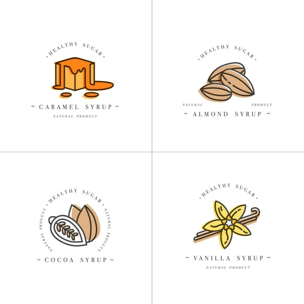 Wektor zestaw logo kolorowe szablony projekt i herby - syropy i polewy Karmel, migdały, kakao, wanilia. Ikona jedzenie. Logo w modny styl liniowy na białym tle. — Wektor stockowy