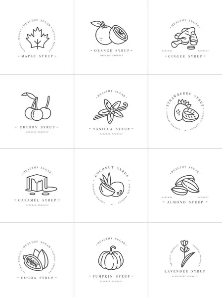 Diseño del conjunto vectorial plantillas monocromáticas logotipo y emblemas jarabes y coberturas. Icono de comida. Logotipos en estilo lineal de moda aislados sobre fondo blanco . — Vector de stock