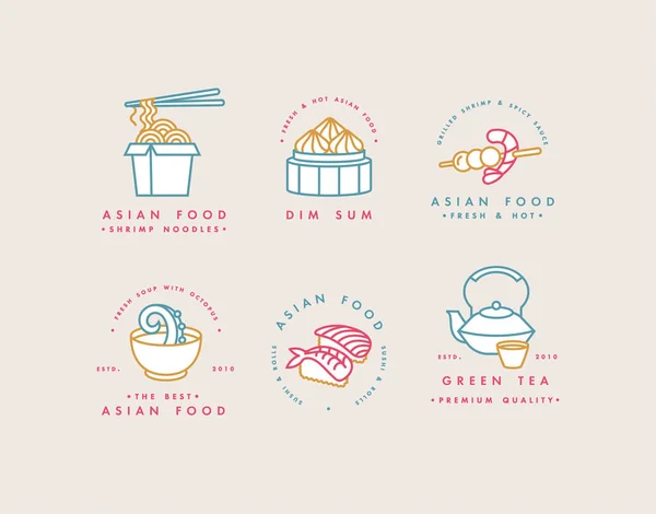 Conjunto vectorial de plantillas de diseño de logotipos y emblemas o insignias. La comida asiática - los tallarines, dim sum, la sopa, el sushi. Logos lineales . — Archivo Imágenes Vectoriales