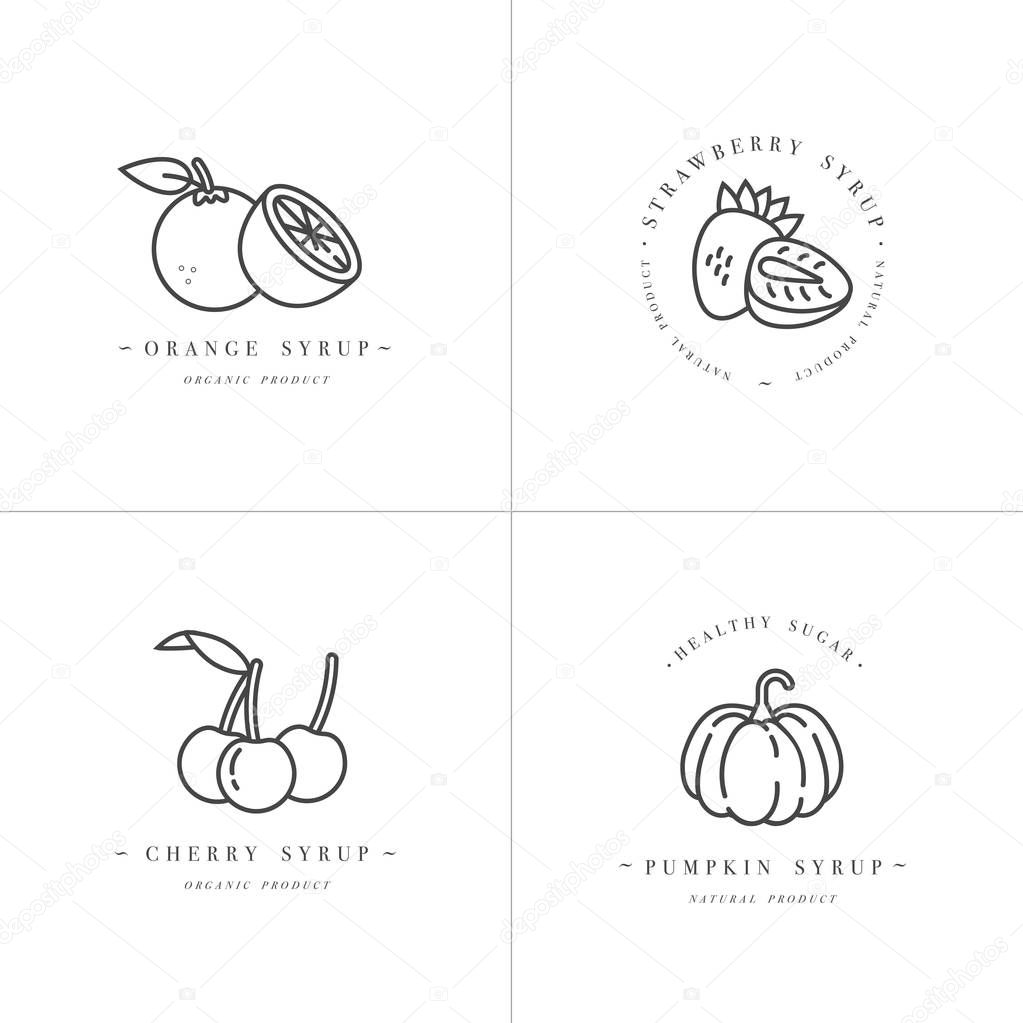 Vector set design monochrome templates logo and emblems - syrups and toppings-orange, cherry, strawberry and pumpkin. Food icon. Logos in trendy linear style isolated on white background