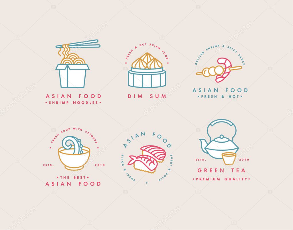 Vector set of logo design templates and emblems or badges. Asian food - noodles, dim sum, soup, sushi. Linear logos