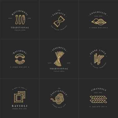 Vektör logo tasarım şablonları ve Amblemler ya da rozetleri kümesidir. İtalyan makarna - erişte, makarna. Doğrusal logolar.