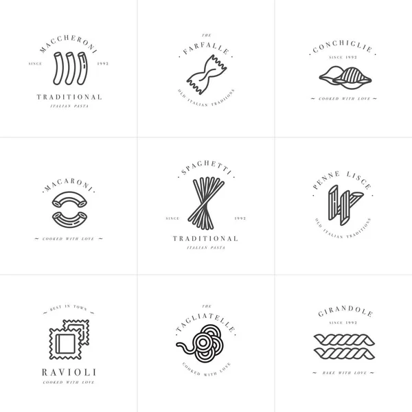 Ensemble vectoriel de gabarits et d'emblèmes ou d'insignes de conception de logo. Pâtes italiennes - nouilles, macaronis. Logos linéaires . — Image vectorielle