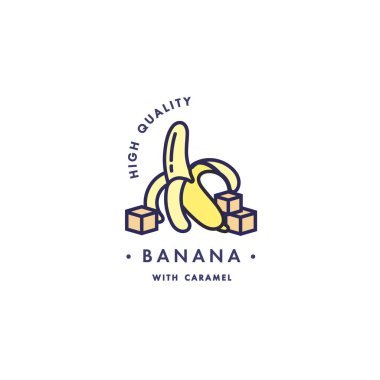 Tasarım şablonu logo ve amblem - tat ve sıvı vape - muz karamel ile için. Trendy lineer tarzda logosu.
