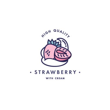 Tasarım şablonu logo ve amblem - tat ve sıvı vape için - kremalı çilek. Trendy lineer tarzda logosu.