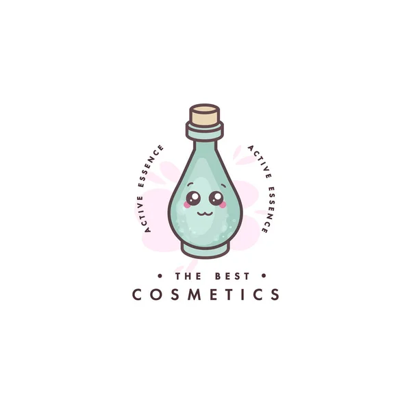 Emblema de diseño del logotipo del vector o insignia para el cuidado de la belleza. Los cosméticos asiáticos - el frasco de la loción. Caras de Kawaii . — Vector de stock