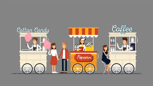 Kreative detaillierte Vektor Straße Kaffee-Wagen, Popcorn und Zuckerwatte Geschäft mit Verkäufern. Junge Leute kaufen Streetfood oder Junk Food bei Food Festival. — Stockvektor