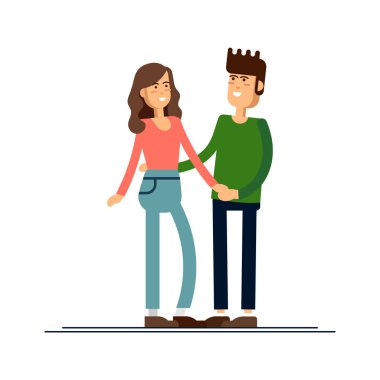 Birbirine aşık bir çift. Erkek ve kadın birbirlerine sevgiyle sarılıyorlar. Aziz Valentine ziyafeti için karakterler. Çizgi film tarzında vektör illüstrasyonu.