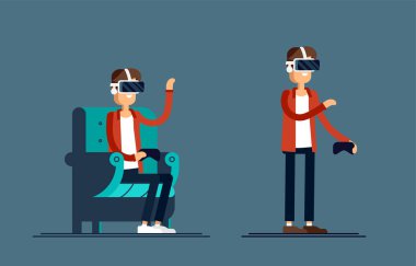 Cool vector concept on virtual reality headset in use. Guy experiences full immersion into virtual reality trying to touch non-physical object. Man character enjoying VR device. clipart
