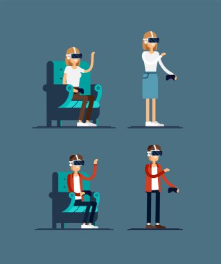 Cool vector concept on virtual reality headset in use. Guy and girl experiences full immersion into virtual reality trying to touch non-physical object. Male and female character enjoying VR device. clipart