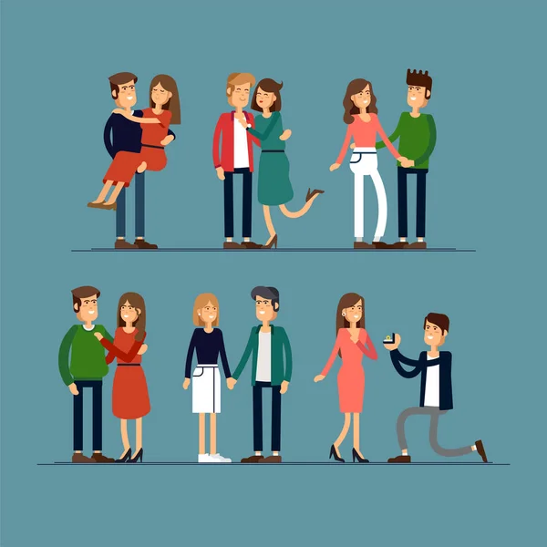 T couples amoureux. Homme et femme s'embrassent affectueusement. Personnages pour la fête de la Saint-Valentin. Illustration vectorielle dans le style dessin animé . — Image vectorielle