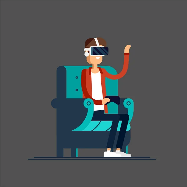 Guy having a good time sitting in armchair wearing virtual reality helmet. Man character in chair enjoying VR device Cool vector concept on virtual reality headset in use. — стоковий вектор