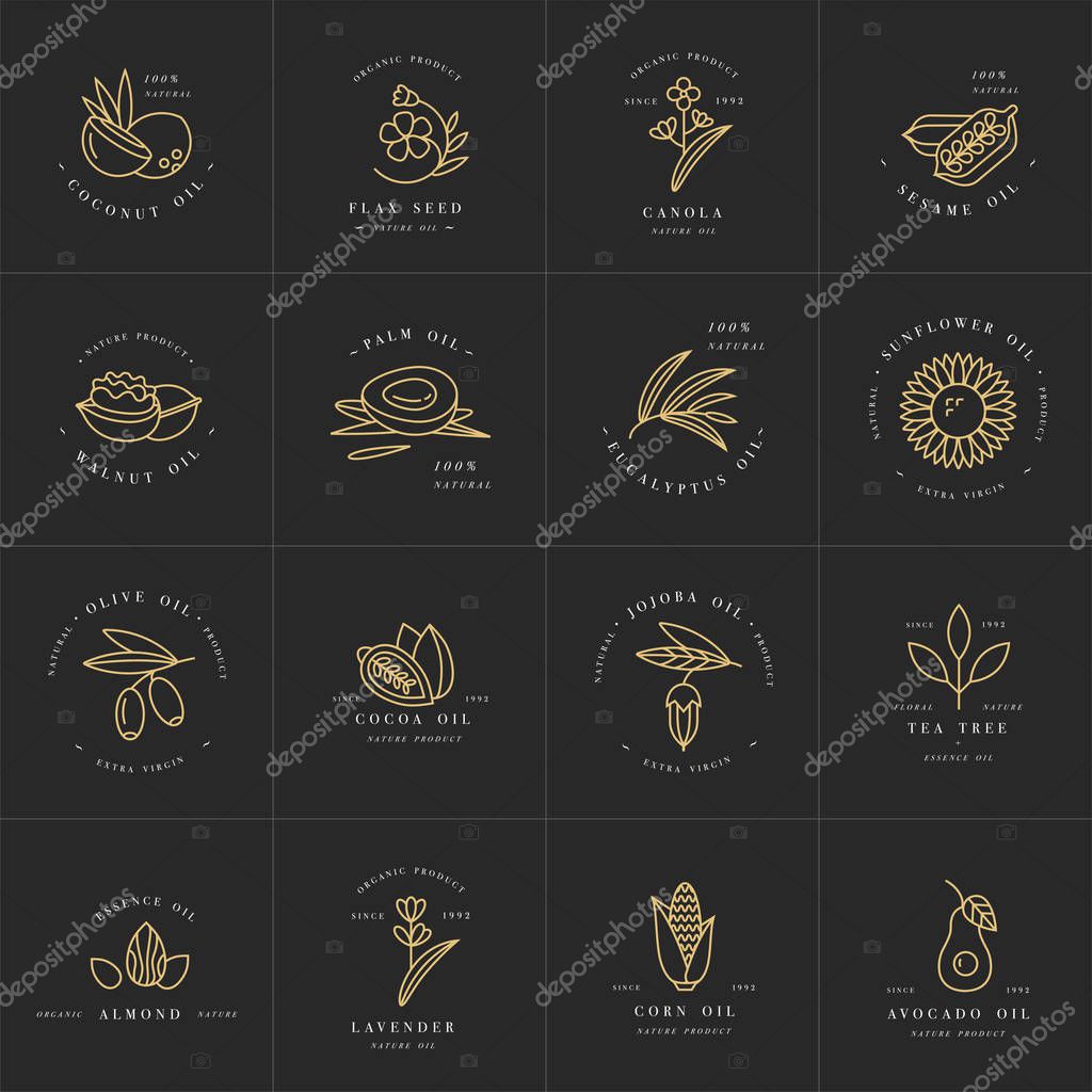 Vector set design templates and emblems - healthy and cosmetics oils. Different natural, organic oils. Logos in trendy linear style. Golden color