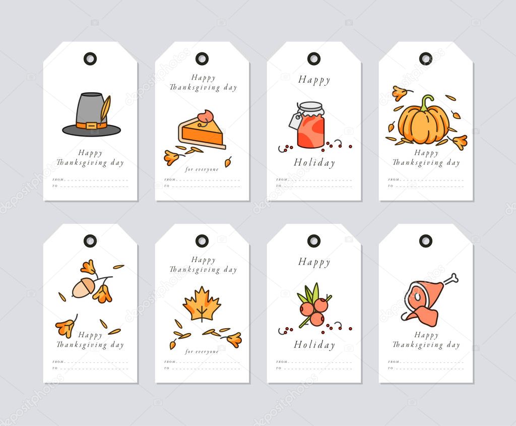 Vector linear design Thanksgiving day greetings card. Thanksgiving holiday tags set with typography and colorful icon