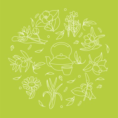 Vektör dizaynı renkli şablonlar logo ve amblemler - organik bitkiler ve çaylar. Farklı çay ikonu. Beyaz arkaplanda izole edilmiş trend doğrusal tarzda logolar.